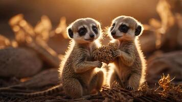 Two meerkats playfully holding a nest in a warm, golden-lit environment. photo