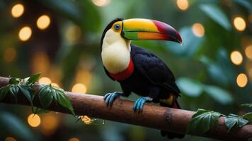 A vibrant toucan perched on a branch with blurred lights in the background. photo