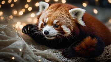A close-up of a red panda resting on a textured surface with soft lights in the background. photo