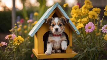 A cute puppy peeks out from a colorful doghouse surrounded by vibrant flowers. photo