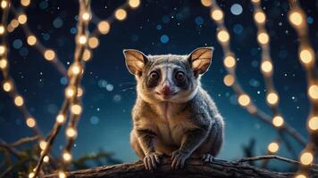 A close-up of a cute marsupial perched on a branch with festive lights in the background. photo