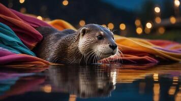 An otter gracefully swims among colorful fabrics, creating a vibrant and serene atmosphere. photo