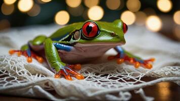 A vibrant green frog with red eyes perched on a textured surface against a blurred background. photo