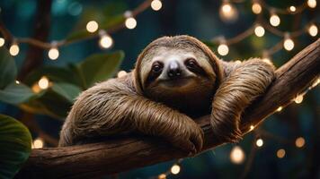 A sloth resting on a branch adorned with fairy lights in a lush environment. photo