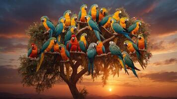 A vibrant scene of colorful macaws perched on a tree against a stunning sunset backdrop. photo