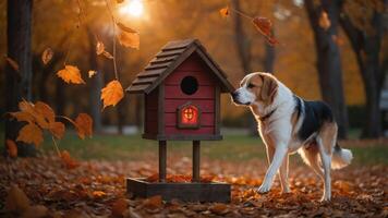 A dog approaches a charming red birdhouse in a serene autumn park setting. photo