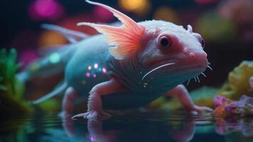 A close-up of an axolotl in a colorful aquatic environment. photo