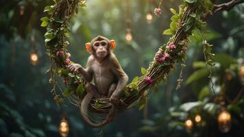 A playful monkey sitting on a vine in a lush, illuminated jungle setting. photo