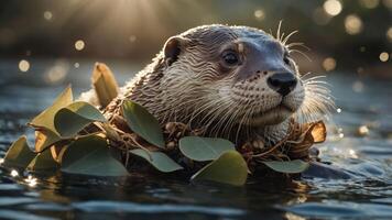 A close-up of an otter in water, adorned with leaves, basking in soft sunlight. photo