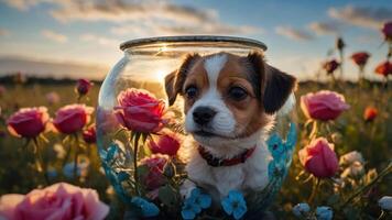 A puppy in a glass jar surrounded by colorful flowers at sunset. photo