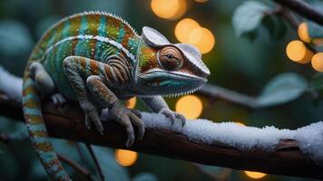 A colorful chameleon perched on a snowy branch with blurred lights in the background. photo
