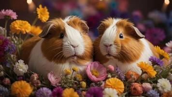 Two adorable guinea pigs surrounded by colorful flowers, creating a cheerful atmosphere. photo