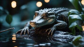 A close-up of a crocodile resting on a log near water, surrounded by lush greenery. photo
