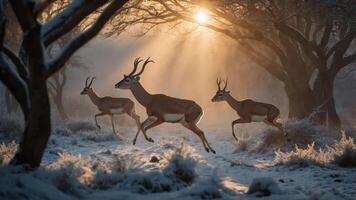 Three deer gracefully running through a frosty landscape illuminated by soft sunlight. photo