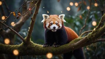 A red panda perched on a tree branch amidst a magical forest setting with glowing lights. photo