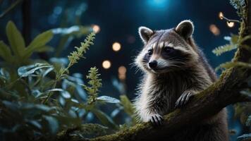 A raccoon perched on a mossy branch in a mystical forest setting. photo