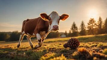 A playful calf exploring a sunny meadow with a pine cone in the foreground. photo