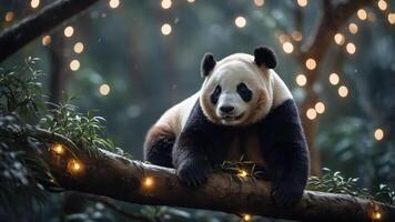 A panda rests on a tree branch adorned with soft glowing lights in a serene forest setting. photo