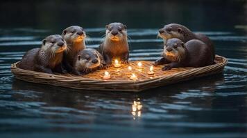 A group of otters gathered on a floating platform surrounded by candles in a serene water setting. photo