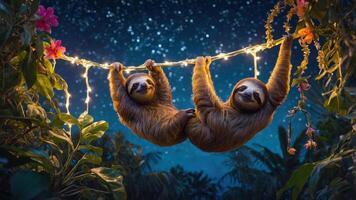 Two sloths hanging on a branch adorned with lights in a lush, starry environment. photo