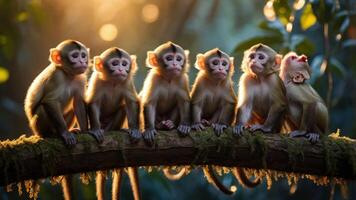 A group of six monkeys sitting closely on a branch in a lush, vibrant forest setting. photo