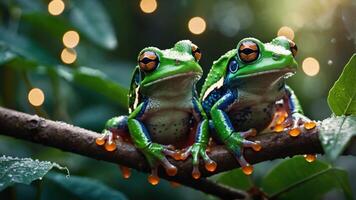 Two colorful frogs perched on a branch amidst a lush background and soft lighting. photo