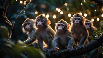 A group of monkeys perched on a branch, illuminated by soft lights in a lush environment. photo