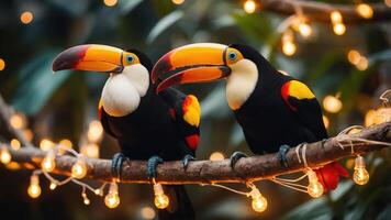 Two colorful toucans perched on a branch adorned with string lights in a lush setting. photo