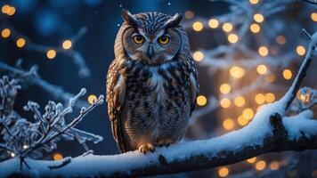 A snowy owl perched on a branch, illuminated by soft, glowing lights in a winter setting. photo