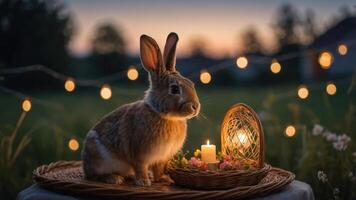 A serene scene featuring a rabbit beside a candle and flowers, illuminated by string lights. photo