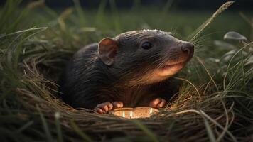 A close-up of a small mammal in a nest illuminated by candlelight in a grassy setting. photo