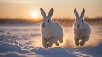 Two white rabbits running through the snow at sunset, capturing a serene winter moment. photo