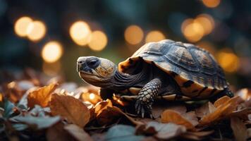 A turtle navigating through autumn leaves with a blurred bokeh background. photo