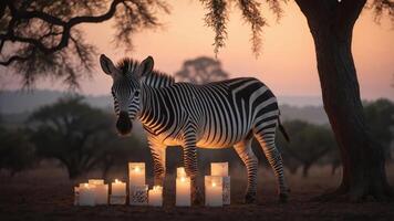 A zebra stands among glowing candles at sunset, creating a serene and mystical atmosphere. photo