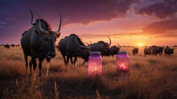A serene sunset scene with wildebeests near glowing jars in a grassy landscape. photo