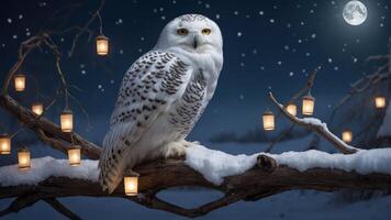 A snowy owl perched on a branch surrounded by lanterns under a moonlit sky. photo