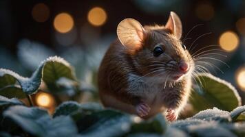 A close-up of a mouse on snow-covered leaves with soft bokeh lights in the background. photo