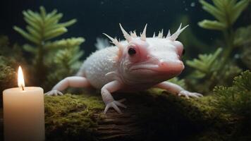 An axolotl with a candle in an underwater setting, surrounded by aquatic plants. photo