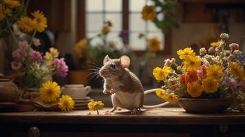 A cute mouse interacts with vibrant flowers on a rustic kitchen table. photo