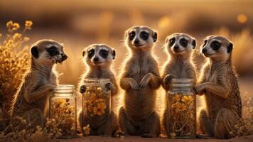 A group of meerkats holding jars filled with flowers in a sunlit desert setting. photo