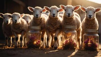 A group of sheep standing near jars filled with flowers in a warm, sunlit setting. photo