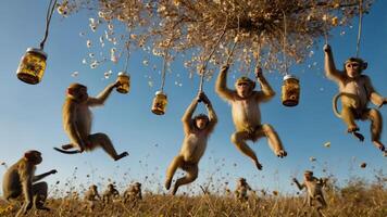 Monkeys playfully interacting with jars hanging from a tree in a vibrant landscape. photo