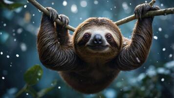 A sloth hanging from a branch in a snowy forest setting. photo