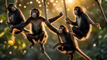 Four monkeys playfully swinging on branches in a sunlit forest. photo