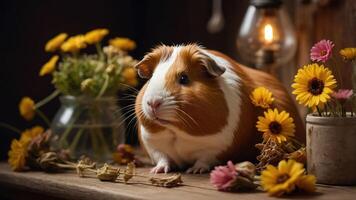 A guinea pig surrounded by flowers in a cozy setting, creating a warm and inviting atmosphere. photo