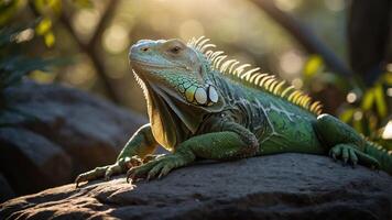 A close-up of a green iguana basking on a rock in a natural setting. photo