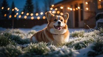 A cheerful corgi sits in snow with festive lights in the background. photo