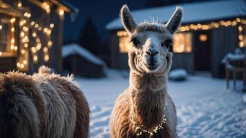 A cheerful llama adorned with lights in a snowy landscape during winter. photo