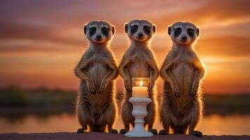 Three meerkats standing around a candle at sunset, creating a serene atmosphere. photo