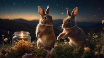 Two rabbits play near a glowing jar in a serene, starry landscape at dusk. photo